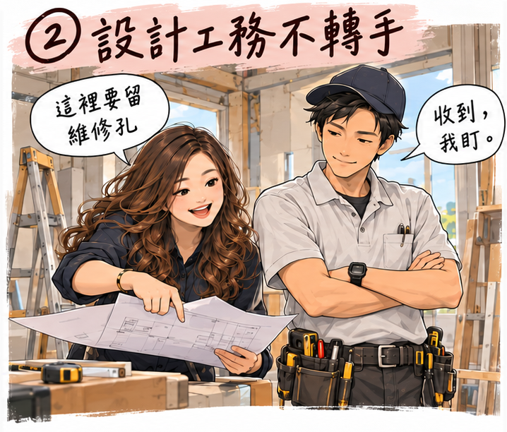 設計師 Lillian 與工務負責人 Sean 在工地一起看設計圖,馨翊室內裝修設計設計施工同一團隊