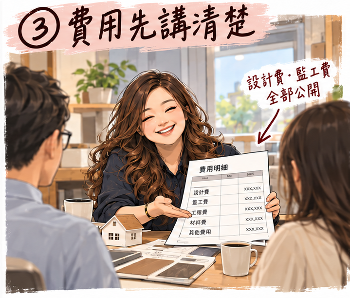 設計師 Lillian 向業主說明室內設計費用明細,設計費與監工費全部公開