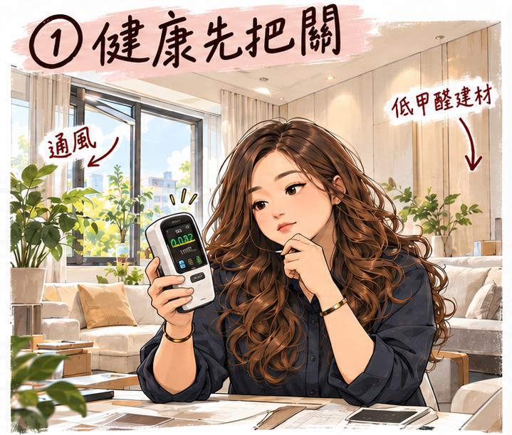 馨翊室內裝修設計師 Lillian 用空氣檢測儀檢查新家甲醛,綠裝修健康宅把關